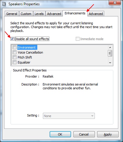 Sound properties window Sound properties window
