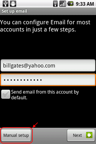 Enter your Yahoo username and password and select Manual Setup