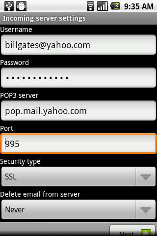 Enter the Yahoo! Mail server details